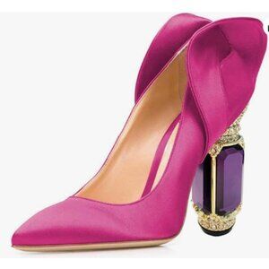 FSJ Fuchsia Purple Heel Pointed Toe Chunky Block High Heel Crystal Pumps Wedding